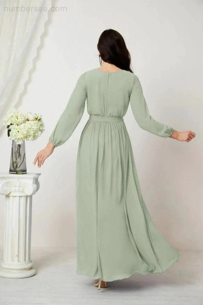 Sunnderly Evening Dresses Deep V-Neck Chiffon Bridesmaid Dresses Long Bishop Sleeve Side Split Formal Dress SY2806 by numbersea