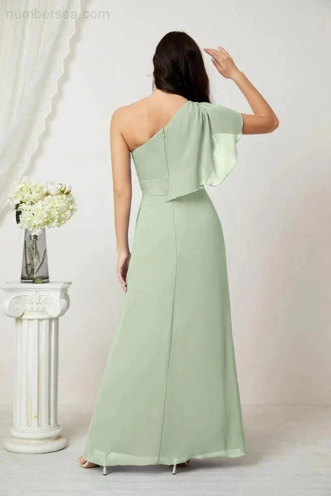 Numbersea Chiffon Ruffled One Shoulder Long Bridesmaid Dresses A-line Formal Evening Gown Side Split 2809 by numbersea