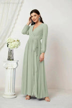 Sunnderly Evening Dresses Deep V-Neck Chiffon Bridesmaid Dresses Long Bishop Sleeve Side Split Formal Dress SY2806 by numbersea