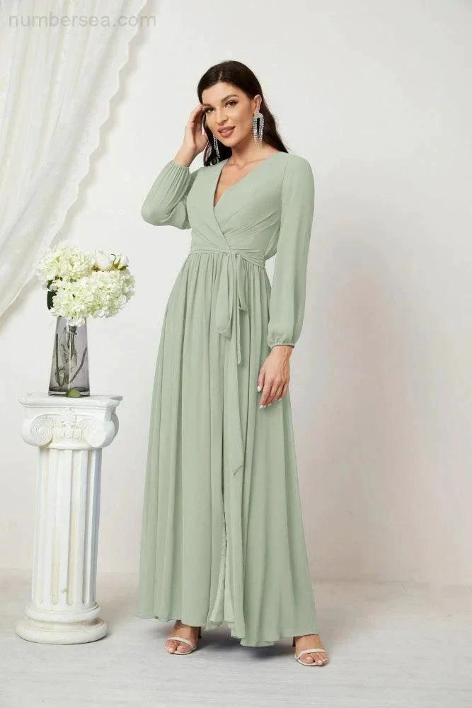 Sunnderly Evening Dresses Deep V-Neck Chiffon Bridesmaid Dresses Long Bishop Sleeve Side Split Formal Dress SY2806 by numbersea
