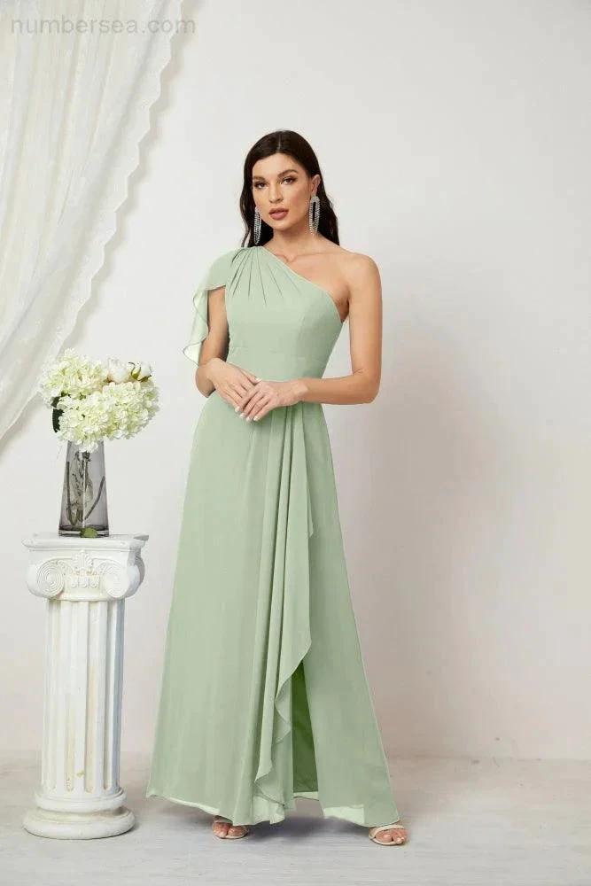 Numbersea Chiffon Ruffled One Shoulder Long Bridesmaid Dresses A-line Formal Evening Gown Side Split 2809 by numbersea