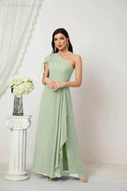 Numbersea Chiffon Ruffled One Shoulder Long Bridesmaid Dresses A-line Formal Evening Gown Side Split 2809 by numbersea