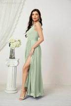 Robe de demoiselle d'honneur en mousseline Numbersea à col en V, bretelles fines, longue robe de soirée formelle avec fente 28010