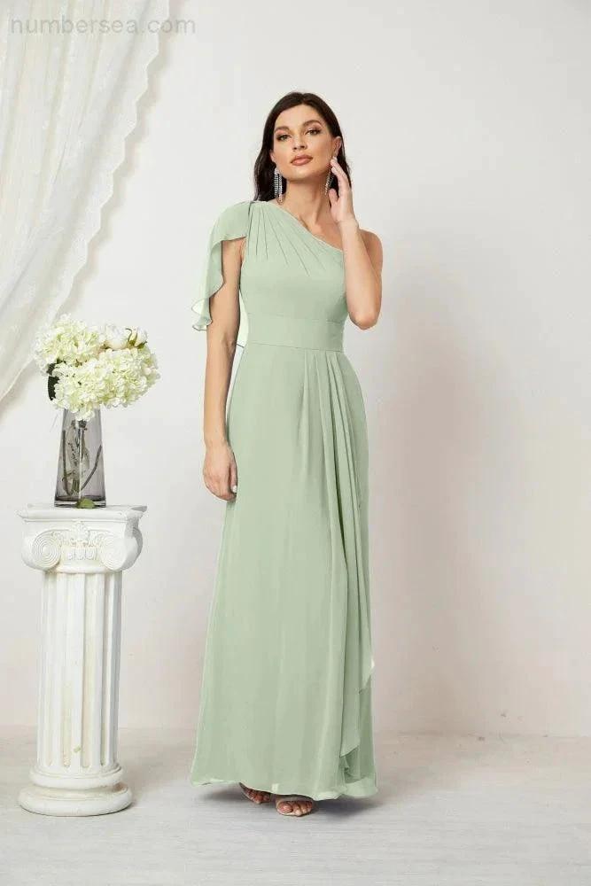 Numbersea Chiffon Ruffled One Shoulder Long Bridesmaid Dresses A-line Formal Evening Gown Side Split 2809 by numbersea
