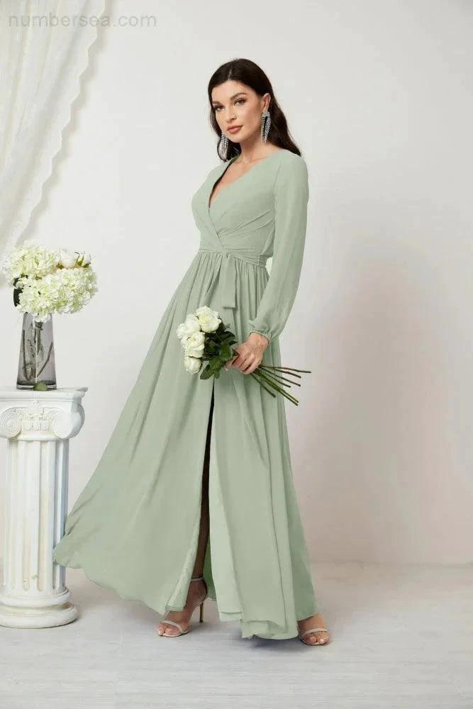 Sunnderly Evening Dresses Deep V-Neck Chiffon Bridesmaid Dresses Long Bishop Sleeve Side Split Formal Dress SY2806 by numbersea
