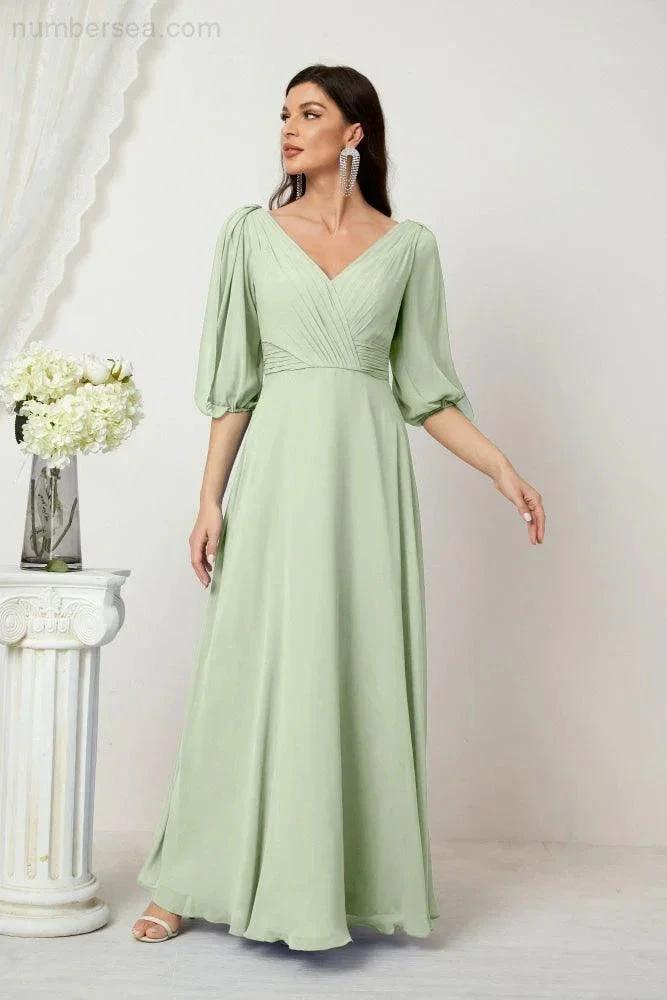 Numbersea Formal Prom Gown Women V-Neck Chiffon Bridesmaid Dresses Long Bishop Sleeve Party Dress 2807 by numbersea