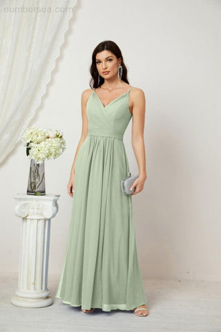 Numbersea Chiffon V-Neck Bridesmaid Dress Spaghetti Strap Long Formal Party Prom Gowns with Slit 28010