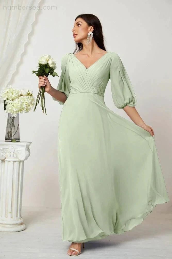 Numbersea Formal Prom Gown Women V-Neck Chiffon Bridesmaid Dresses Long Bishop Sleeve Party Dress 2807 by numbersea