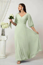 Numbersea Formal Prom Gown Women V-Neck Chiffon Bridesmaid Dresses Long Bishop Sleeve Party Dress 2807 by numbersea