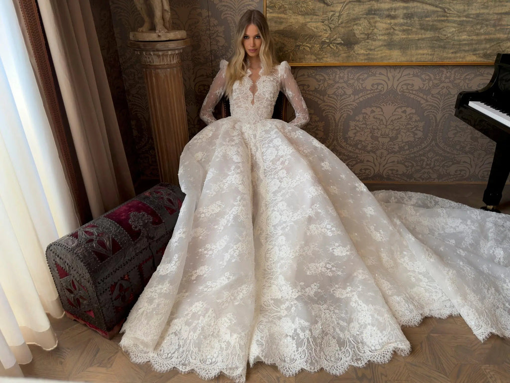 Luxury White High Neck Sequin Long Sleeve Lace A-Line Wedding Dress SW211