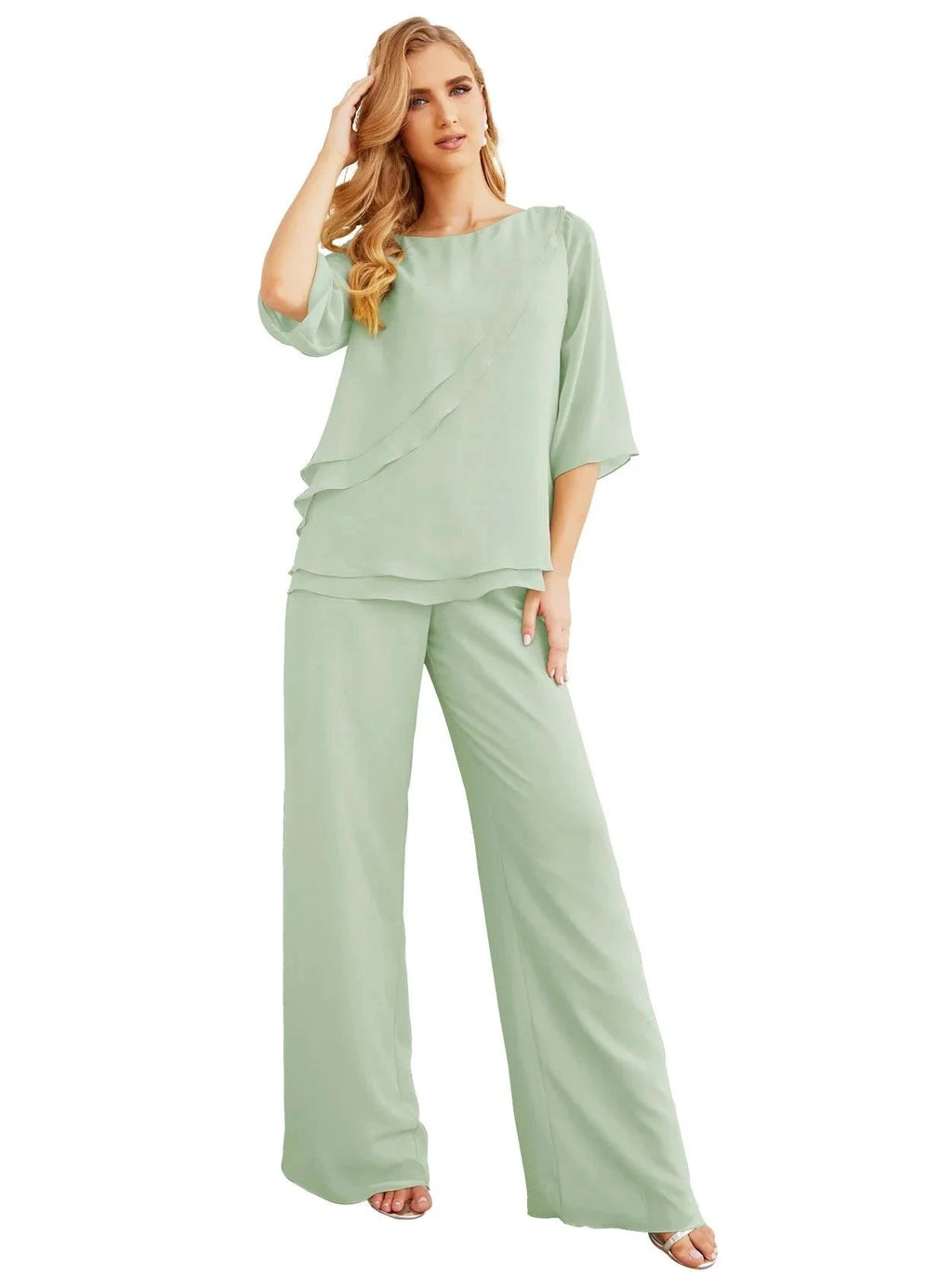 Sunnderly Elegant 2 Piece Mother of The Bride Dress Plus Size Pant Suits Ruffle Layers Sliver Housecoat SY28064 by numbersea