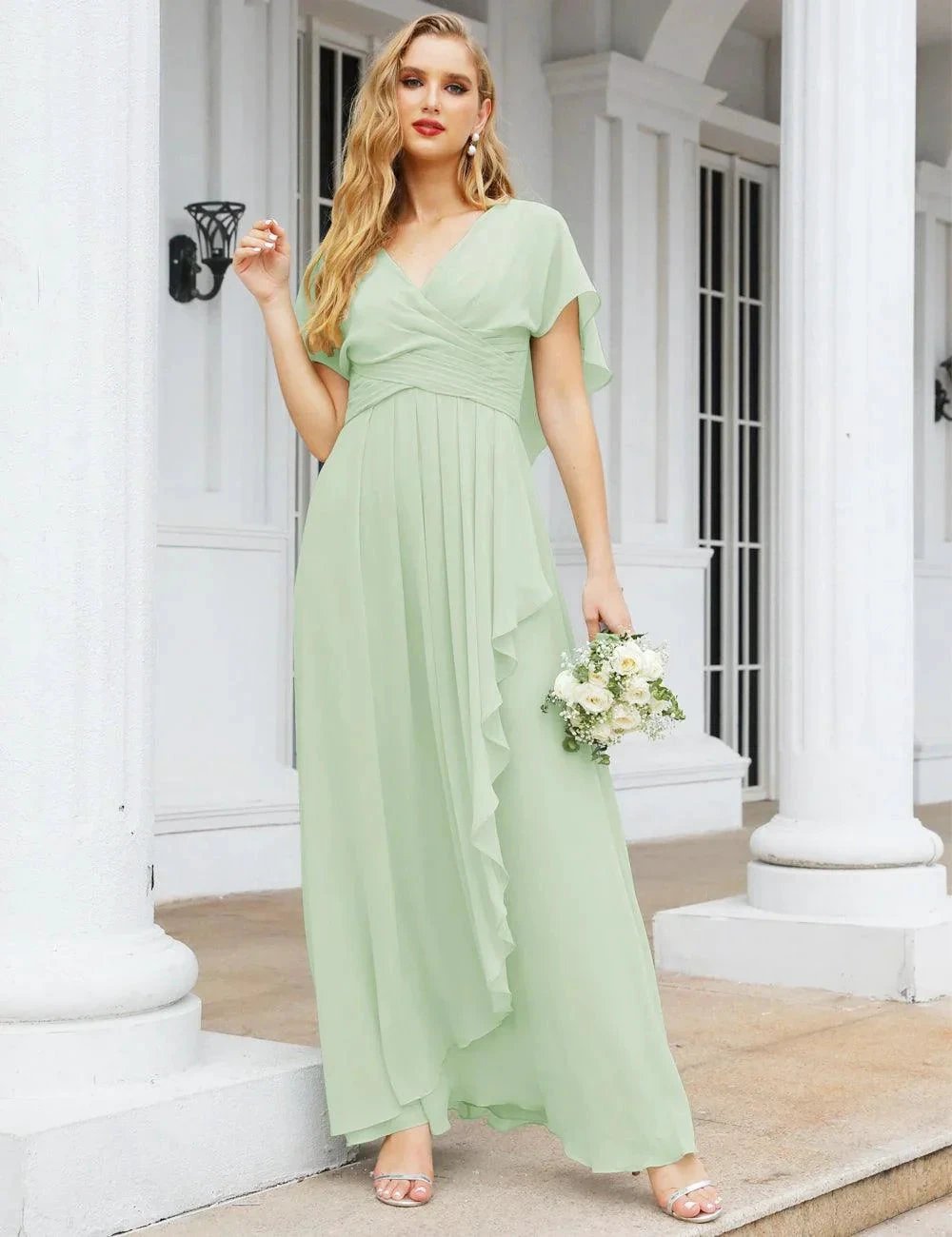 Numbersea Chiffon Bridesmaid Dresses Long Formal Evening Prom Mother of The Bride Dress with Flutter Sleeve SEA28040 by numbersea