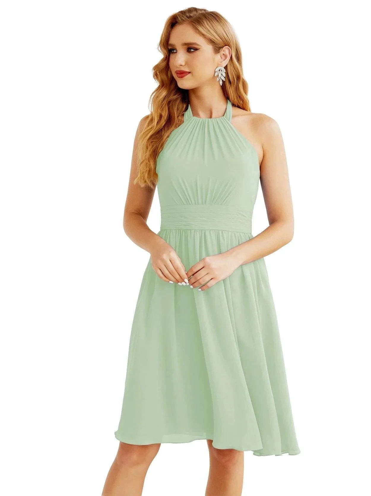 Numbersea Halter Chiffon Bridesmaid Dresses Short Sleeveless Formal Party Dress Open Back 28023 by numbersea