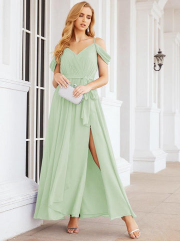 Numbersea Off The Shoulder Chiffon Bridesmaid Dress Long Formal Graduation Gown with Cowl Back 28069