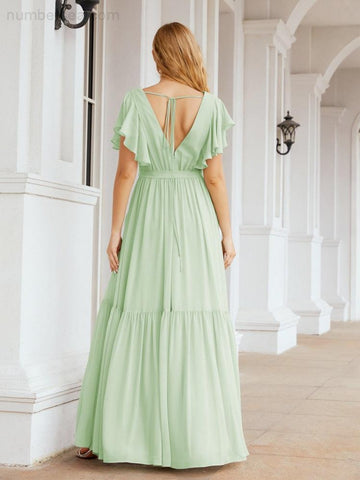 Numbersea Women's Open Back Formal Evening Party Prom Gowns V-Neck Long Chiffon Bridesmaid Dresses with Waist Belt 28038