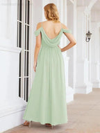 Numbersea Off The Shoulder Chiffon Bridesmaid Dress Long Formal Graduation Gown with Cowl Back 28069 by numbersea