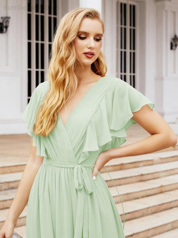 Numbersea Women's Open Back Formal Evening Party Prom Gowns V-Neck Long Chiffon Bridesmaid Dresses with Waist Belt 28038