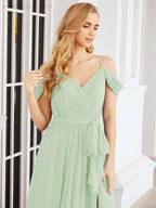 Numbersea Off The Shoulder Chiffon Bridesmaid Dress Long Formal Graduation Gown with Cowl Back 28069 by numbersea