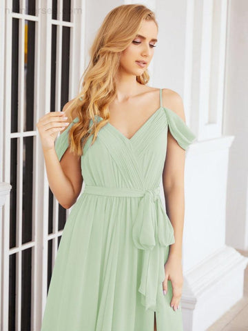 Numbersea Off The Shoulder Chiffon Bridesmaid Dress Long Formal Graduation Gown with Cowl Back 28069