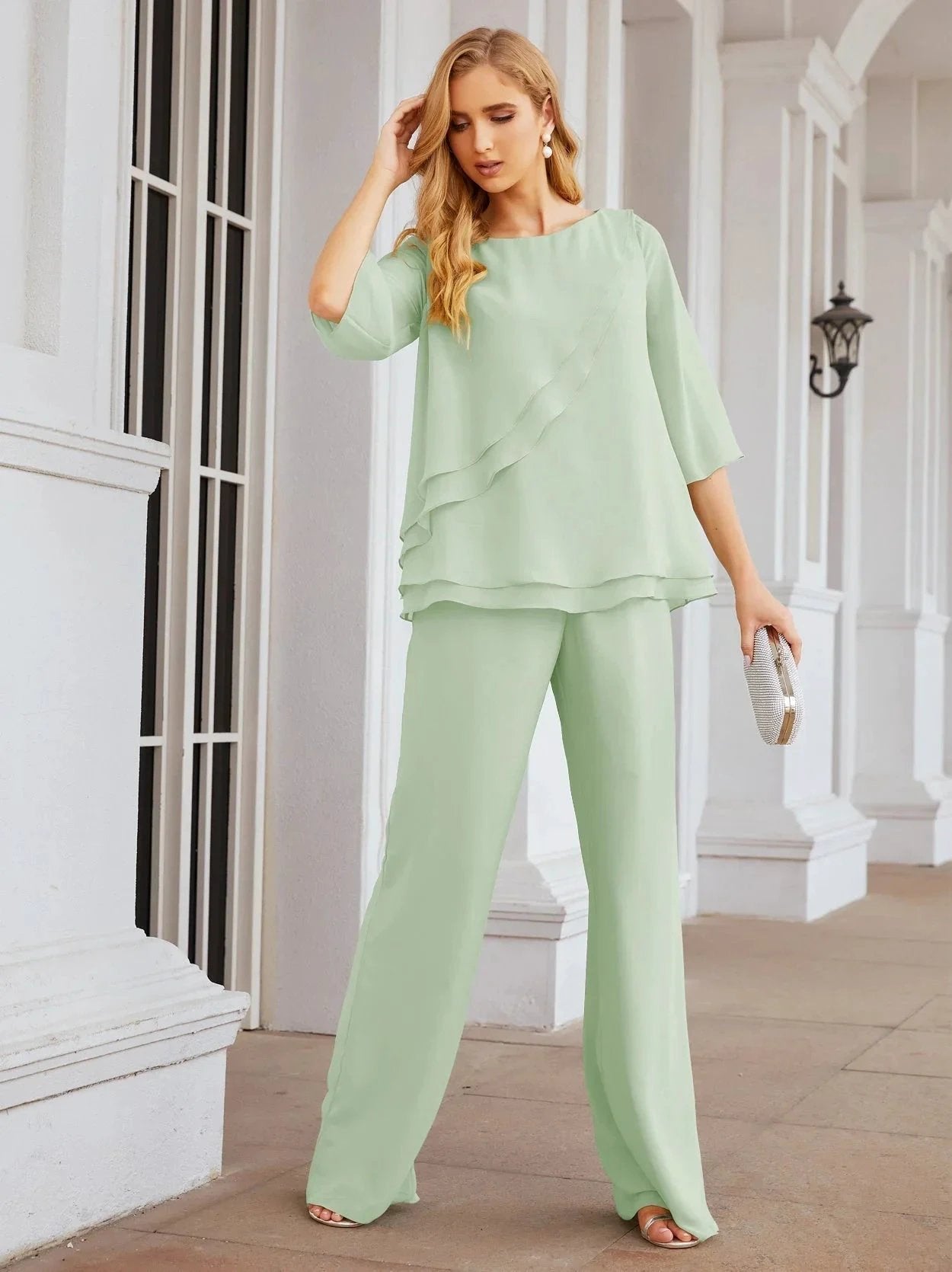 Sunnderly Elegant 2 Piece Mother of The Bride Dress Plus Size Pant Suits Ruffle Layers Sliver Housecoat SY28064 by numbersea