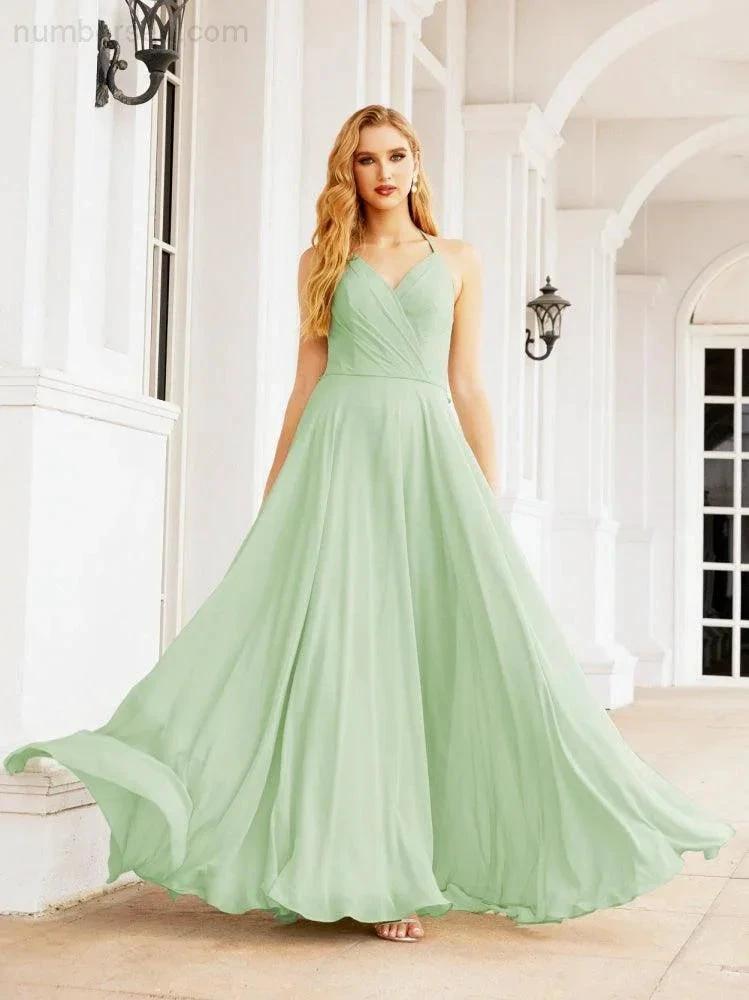 Numbersea Halter Chiffon Bridesmaid Dresses Wedding Appare Sleeveless Formal Prom Dress with Ruffled Back 28035 by numbersea