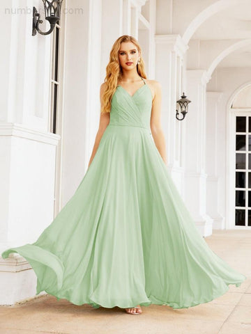 Numbersea Halter Chiffon Bridesmaid Dresses Wedding Appare Sleeveless Formal Prom Dress with Ruffled Back 28035