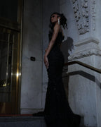Luxury Black Sequin Mermaid Prom Dress – Illusion Corset Bodice with 3D Beaded Lace & Off-the-Shoulder Detail | 2026 Gothic Glamour Evening Collection (ZD17397)