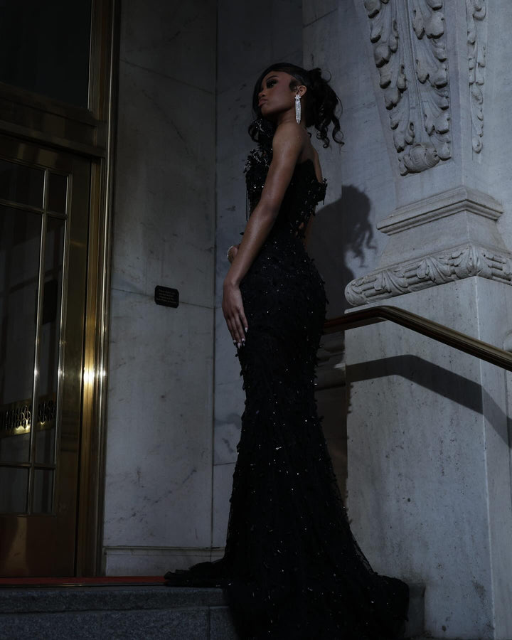Luxury Black Sequin Mermaid Prom Dress – Illusion Corset Bodice with 3D Beaded Lace &amp; Off-the-Shoulder Detail | 2026 Gothic Glamour Evening Collection
