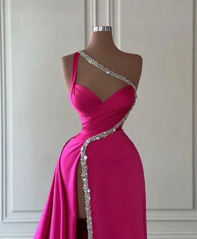 Gorgeous One Shoulder Satin Beaded Long Prom Dress Slit Evening Dress Y7692 by simplepromdress