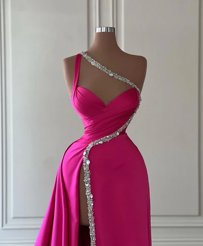 Hermoso vestido de fiesta largo de satén con cuentas y un solo hombro, vestido de noche con abertura Y7692