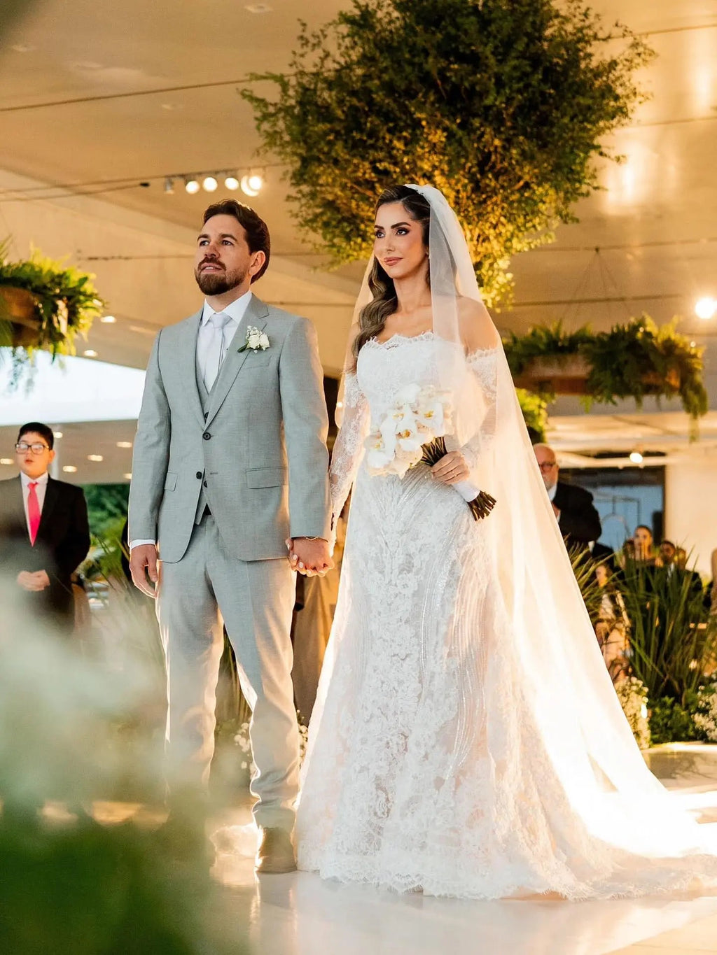 White Beaded Lace Bridal Gown with Off Shoulder Long Sleeves SW673