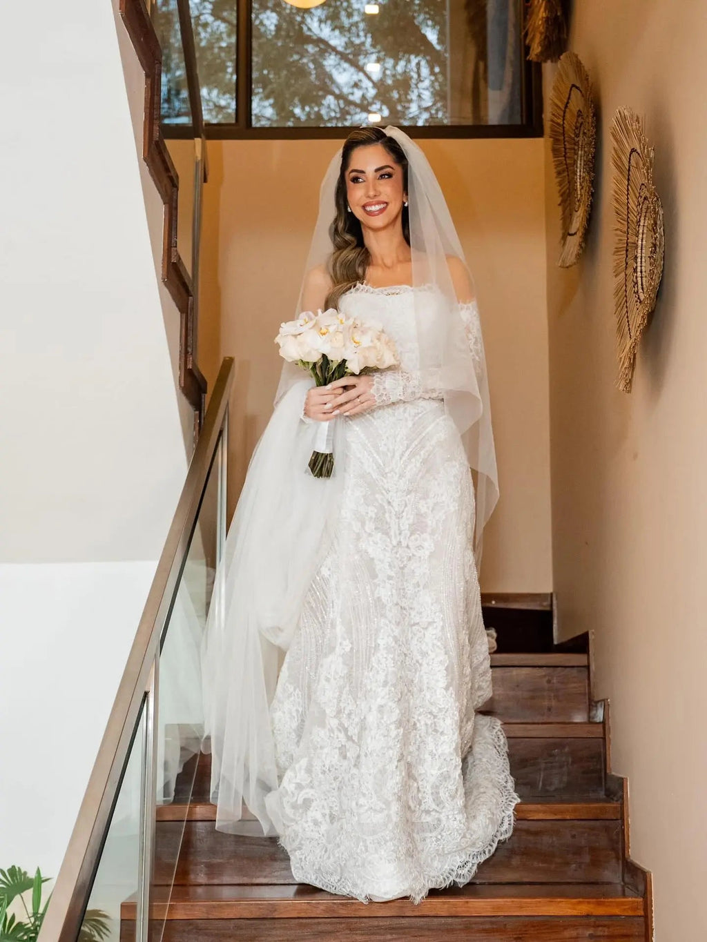 White Beaded Lace Bridal Gown with Off Shoulder Long Sleeves SW673
