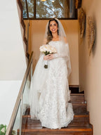 White Beaded Lace Bridal Gown with Off Shoulder Long Sleeves SW673