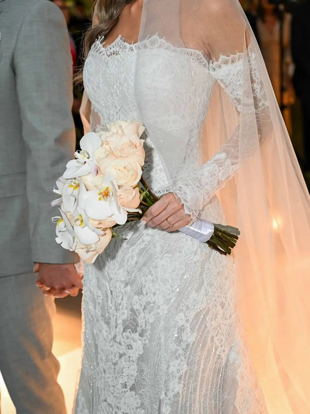 White Beaded Lace Bridal Gown with Off Shoulder Long Sleeves SW673
