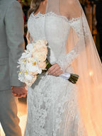 White Beaded Lace Bridal Gown with Off Shoulder Long Sleeves SW673