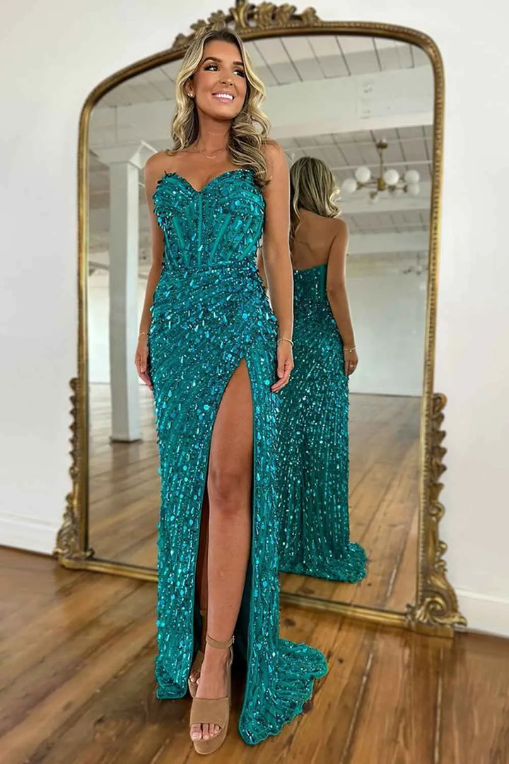 Sparkly Gold Fully Beaded Prom Dress with Deep V Neck Slit and Open Back
