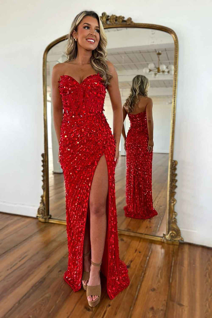 Sparkly Gold Mermaid Sequins Sweetheart Long Corset Prom Dress with Slit