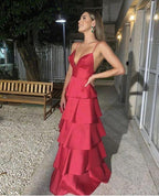 Elegant A-line Spaghetti Straps Satin Tiered Evening Dress Y728 by simplepromdress