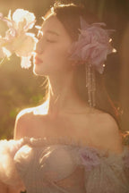 Dreamy Lavender Off-Shoulder Tulle Ball Gown with Puff Sleeves & 3D Floral Accents by ZAPDRESS