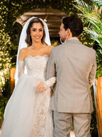 White Beaded Lace Bridal Gown with Off Shoulder Long Sleeves SW673