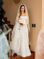 White Beaded Lace Bridal Gown with Off Shoulder Long Sleeves SW673