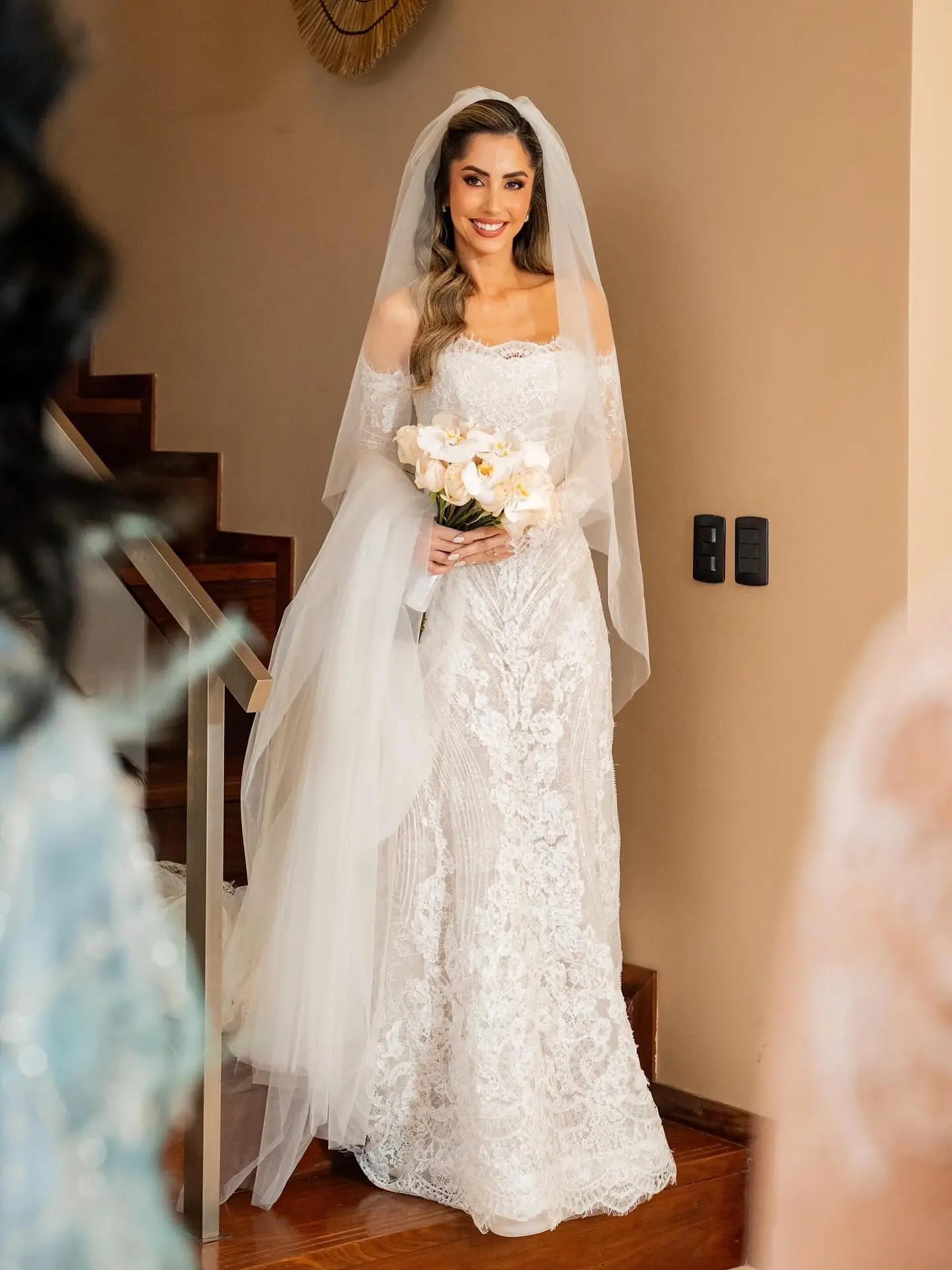 White Beaded Lace Bridal Gown with Off Shoulder Long Sleeves SW673