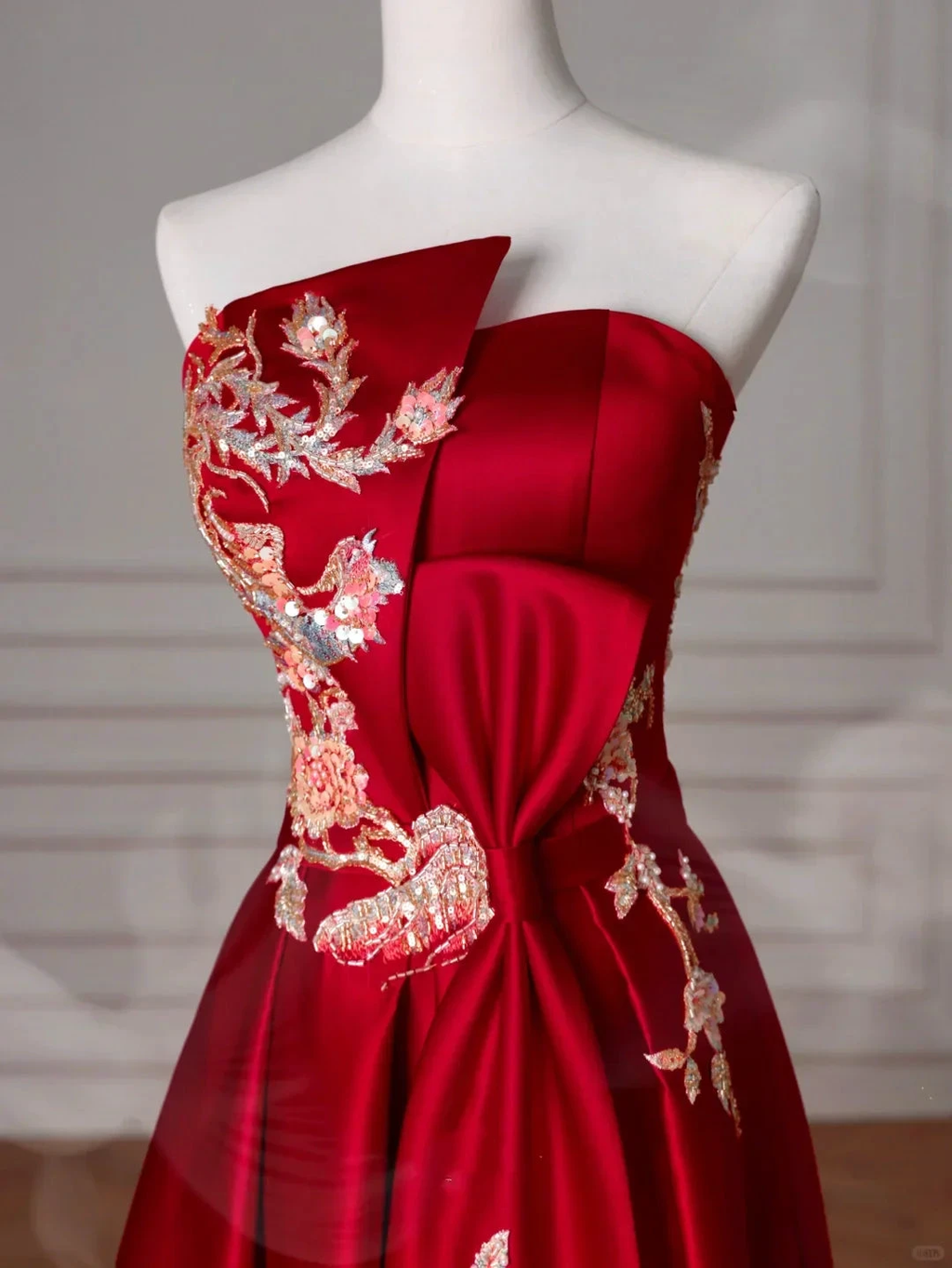 Gorgeous Red Satin Sequin Embroidery A Line Prom Dress Strapless Evening Dress Y8631 by simplepromdress