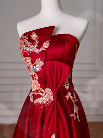 Gorgeous Red Satin Sequin Embroidery A Line Prom Dress Strapless Evening Dress Y8631
