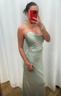 Sage Green Halter-Neck Satin Evening Dress Sheath Long Prom Dress Y8457 by simplepromdress