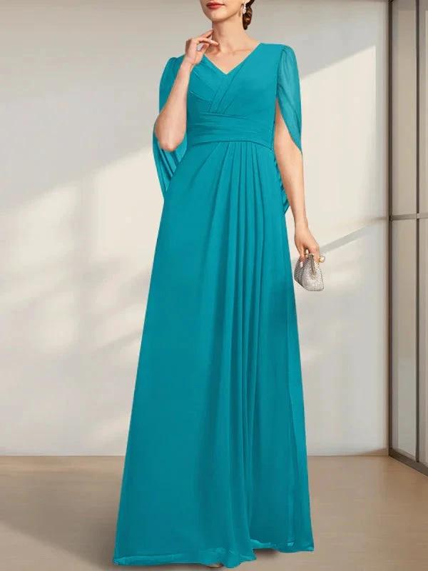 A-line V-Neck Floor-Length Chiffon Mother of the Bride Dress With Pleated by Dreamylily
