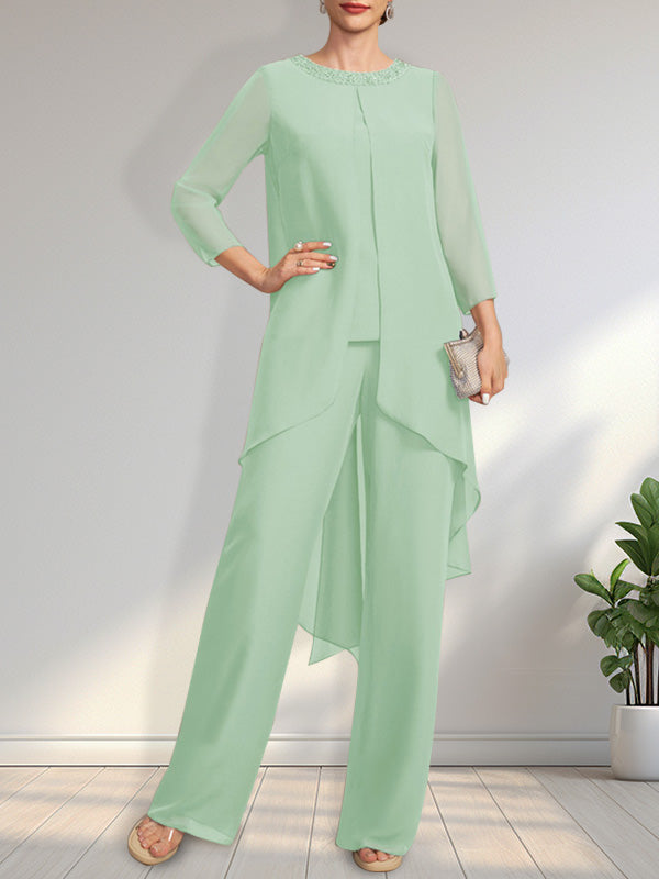 Separates Jumpsuit/Pantsuit Scoop Floor-Length Chiffon Mother of the Bride Dress With Sequins Beading