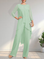 Separates Jumpsuit/Pantsuit Scoop Floor-Length Chiffon Mother of the Bride Dress With Sequins Beading