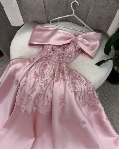 Vestido de noche elegante rosa con hombros descubiertos, apliques de lentejuelas, vestido de fiesta largo de corte A Y7638