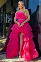 Marie| Fuchsia A-line High-Low Strapless Ruffled Tulle Prom Dress with Feathers by KissProm
